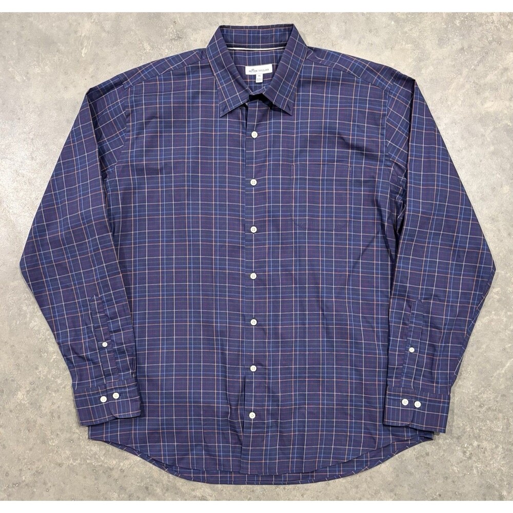Peter Millar Shirt Mens XL Purple Check Stretch Long Sleeve Button Front Casual